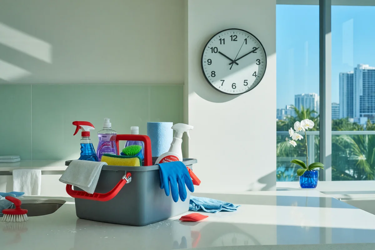 Professional cleaning caddy on a kitchen counter beneath a wall clock in a bright Miami apartment
