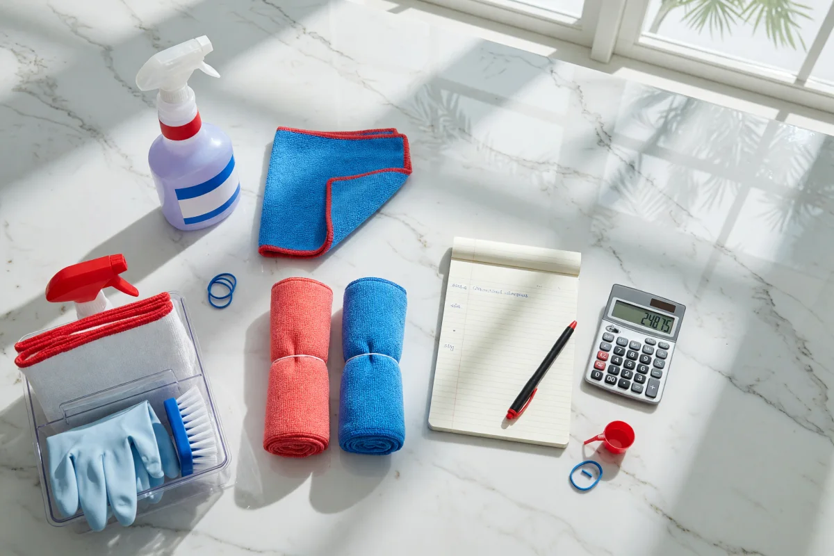 Cleaning supplies, notepad and calculator laid out on a marble counter — planning house cleaning costs