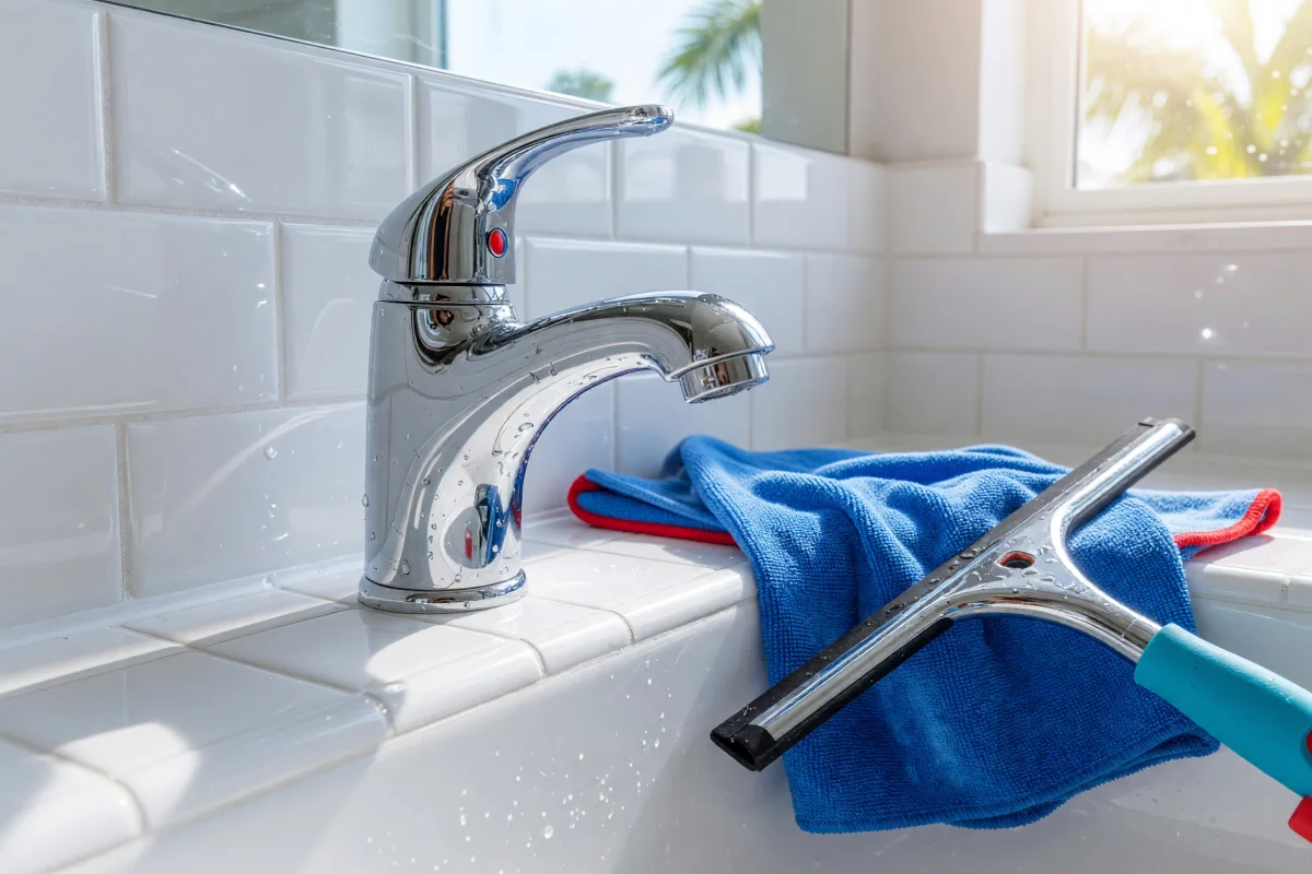 Gleaming chrome faucet and spotless tiles with a blue microfiber cloth and squeegee