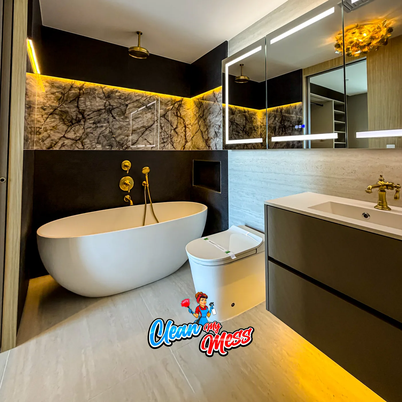 Luxury marble bathroom with freestanding tub after deep cleaning