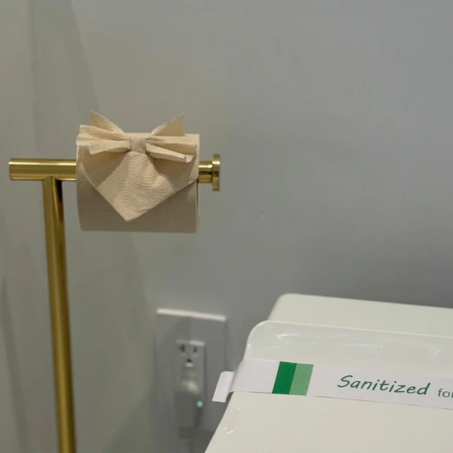 Sanitized bathroom detail with the Clean My Mess finishing bow
